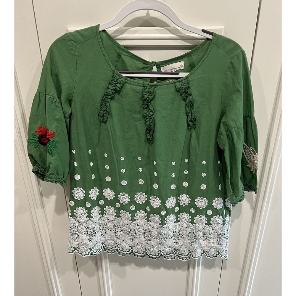 Odd Molly Green Embroidered Blouse Size 1 Small Ruffle Boho Artsy 100% Cotton